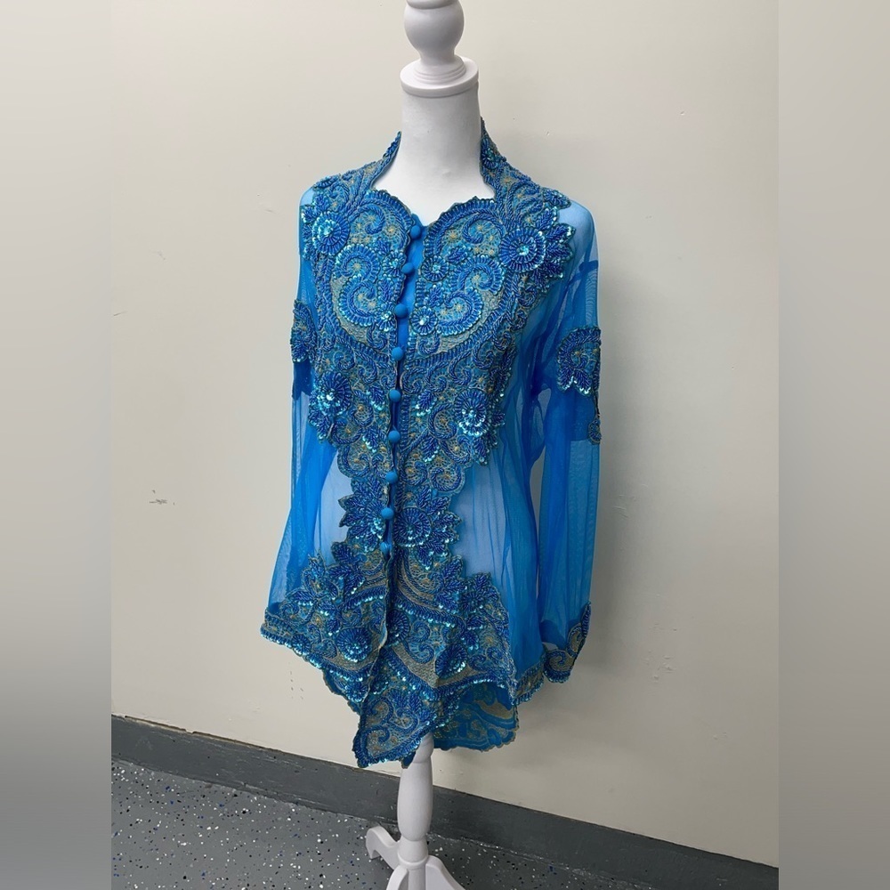 Ummi Payet Creation Kebaya Beaded Sequin Embroidered Shirt Indonesian Blue 4L